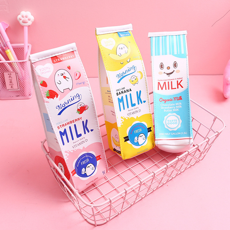 Besafe Novelty Large Capacity PU leather Milk Carton Box Pencil Cases Cosmetic Bag Pencil Pen case Stationery Bag Pouch