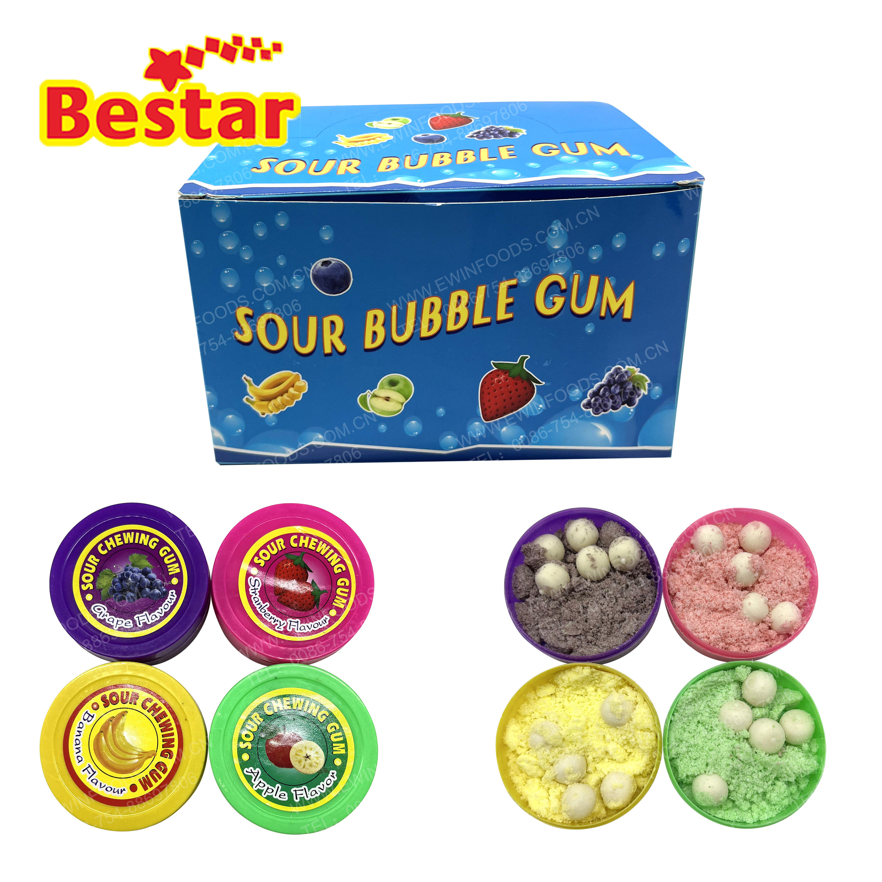 Wholesale custom fruit sour bubble gum in small case apple banana flavor gum with sour powder Halal ball shape gum