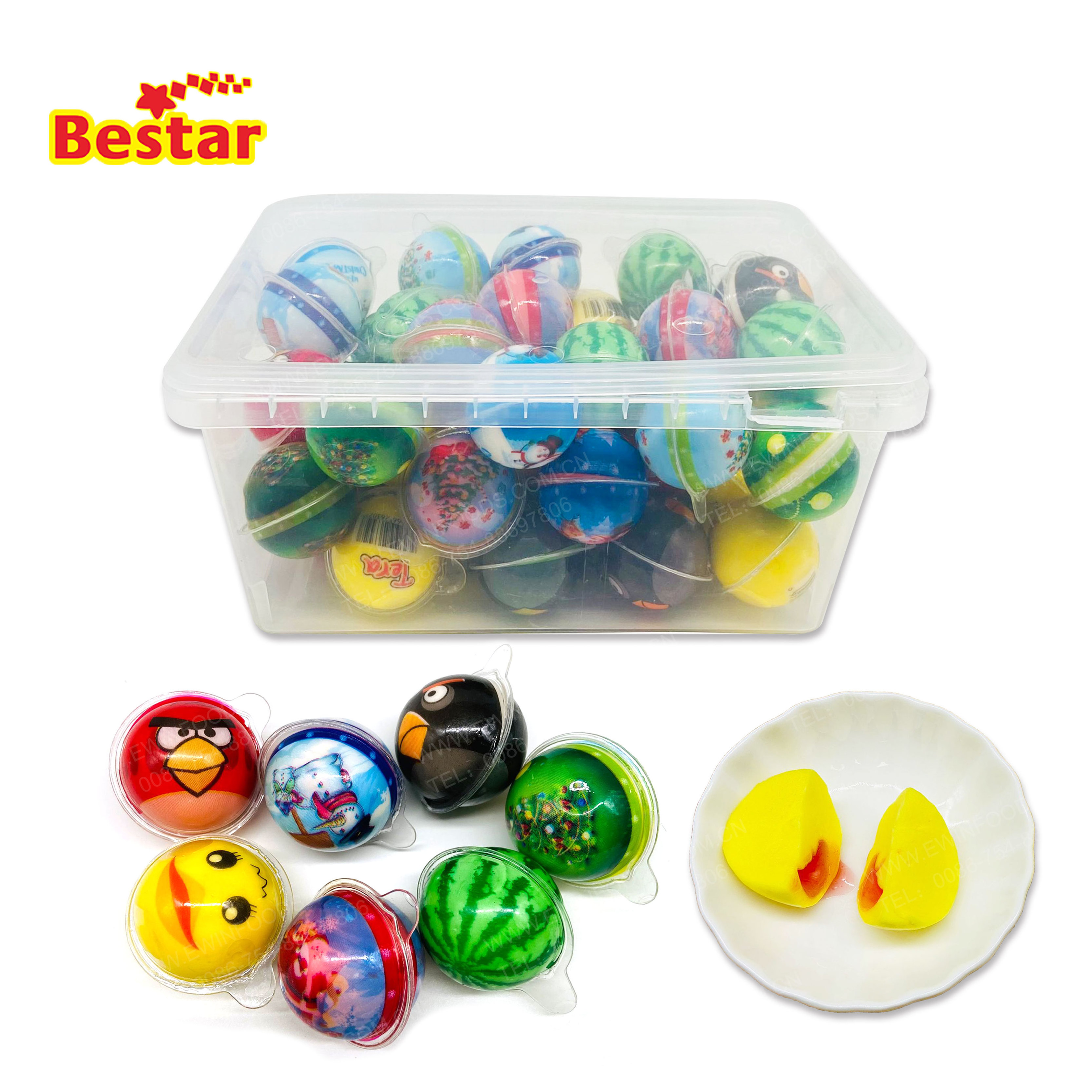 High quality cheap price cartoon ball shaped gummy candy soft ball candy with filling fruit Jam trolli gummy candy