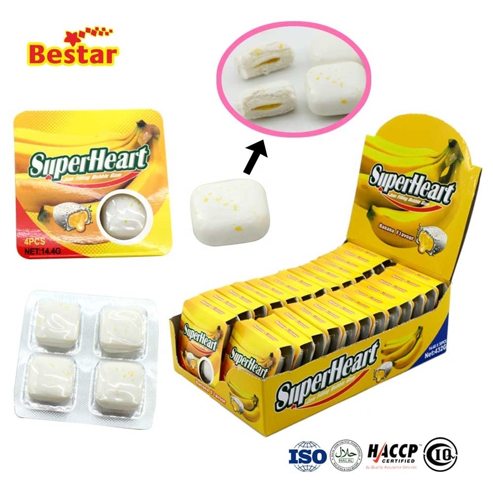 Super Heart Banana Flavor Square-Shaped Fruity Bubble Gum Filling with Jam