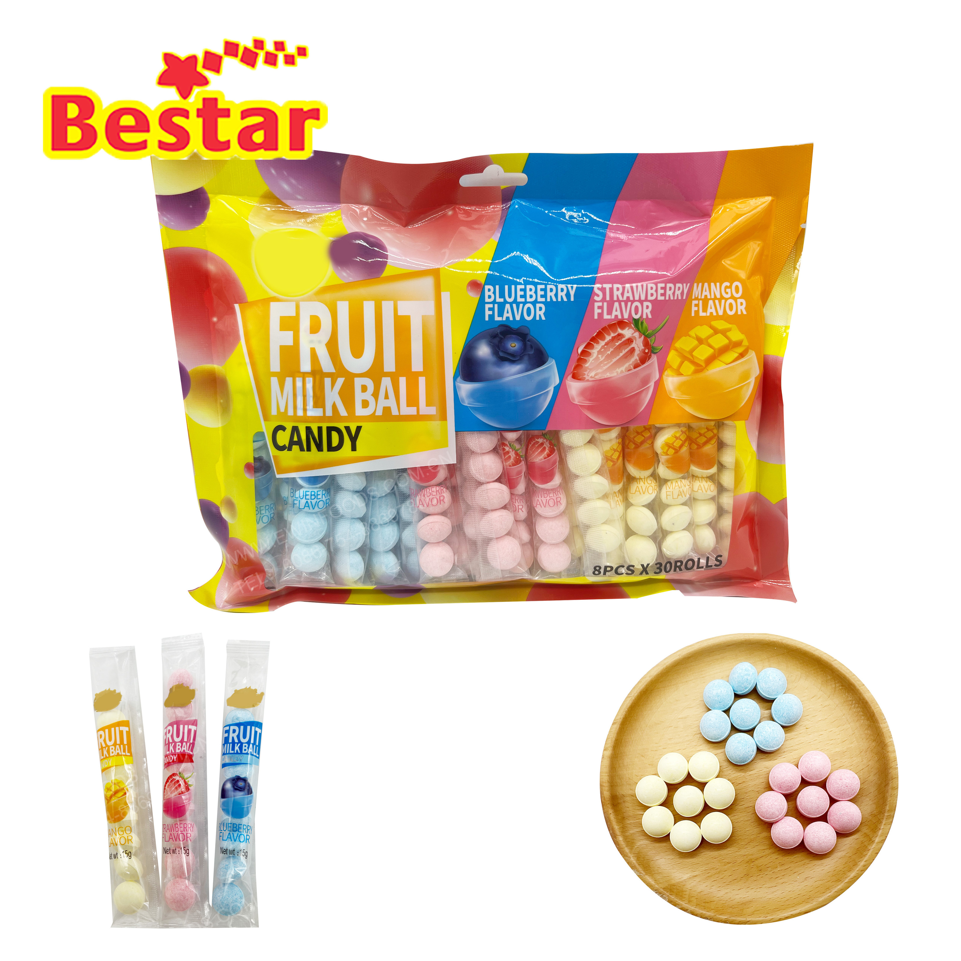 Fruit flavor milk ball candy in bag high quality 6pcs individual bag milk tablet candy round dextrose candy