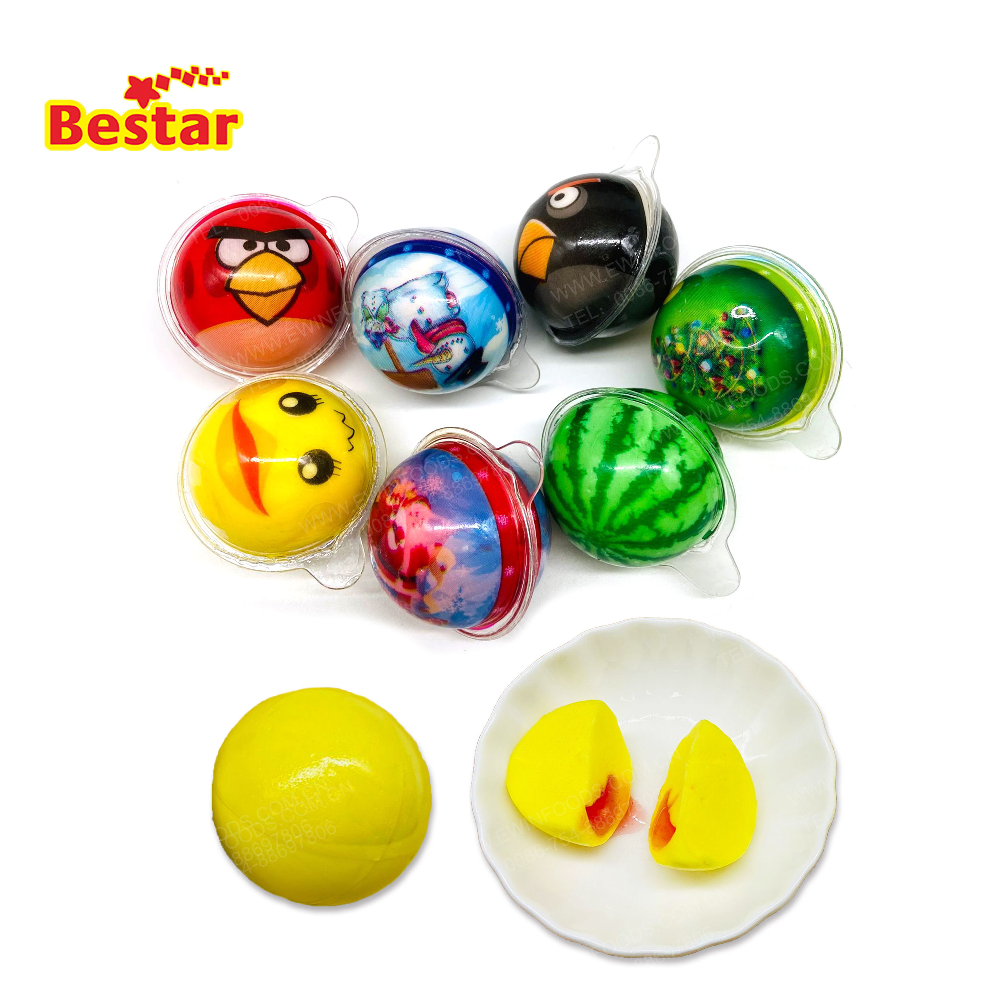 High quality cheap price cartoon ball shaped gummy candy soft ball candy with filling fruit Jam trolli gummy candy