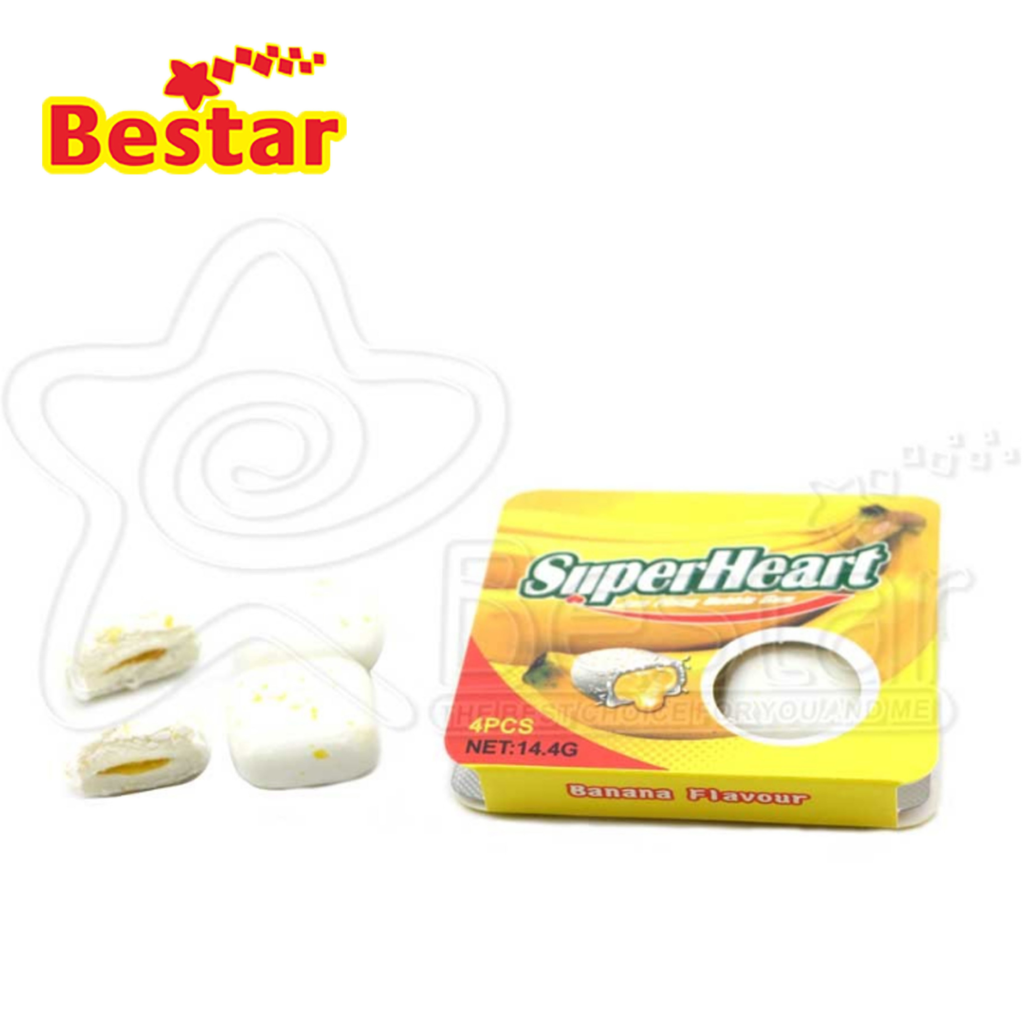 Super Heart Banana Flavor Square-Shaped Fruity Bubble Gum Filling with Jam