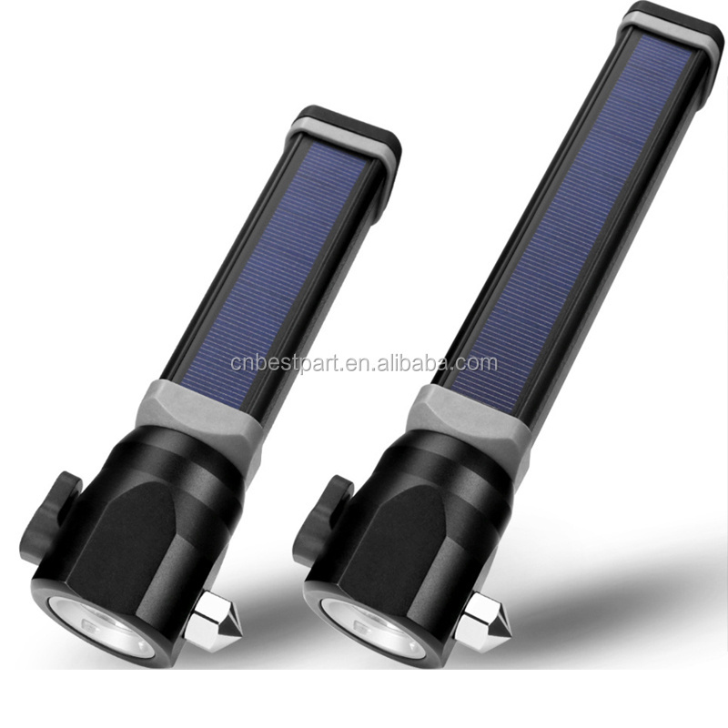 BD Multifunction Solar Flashlight Ultra Bright T6 Torch Lights 3W 350lm rechargeable LED torch with Safety tool