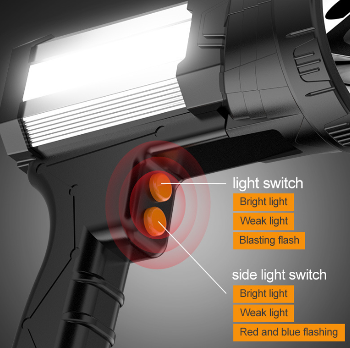 Outdoor Emergency Red Blue Flashing Warning LED Spot Handle Flashlight with Power Bank 2 Switch Waterproof Ipx4 Flashlight