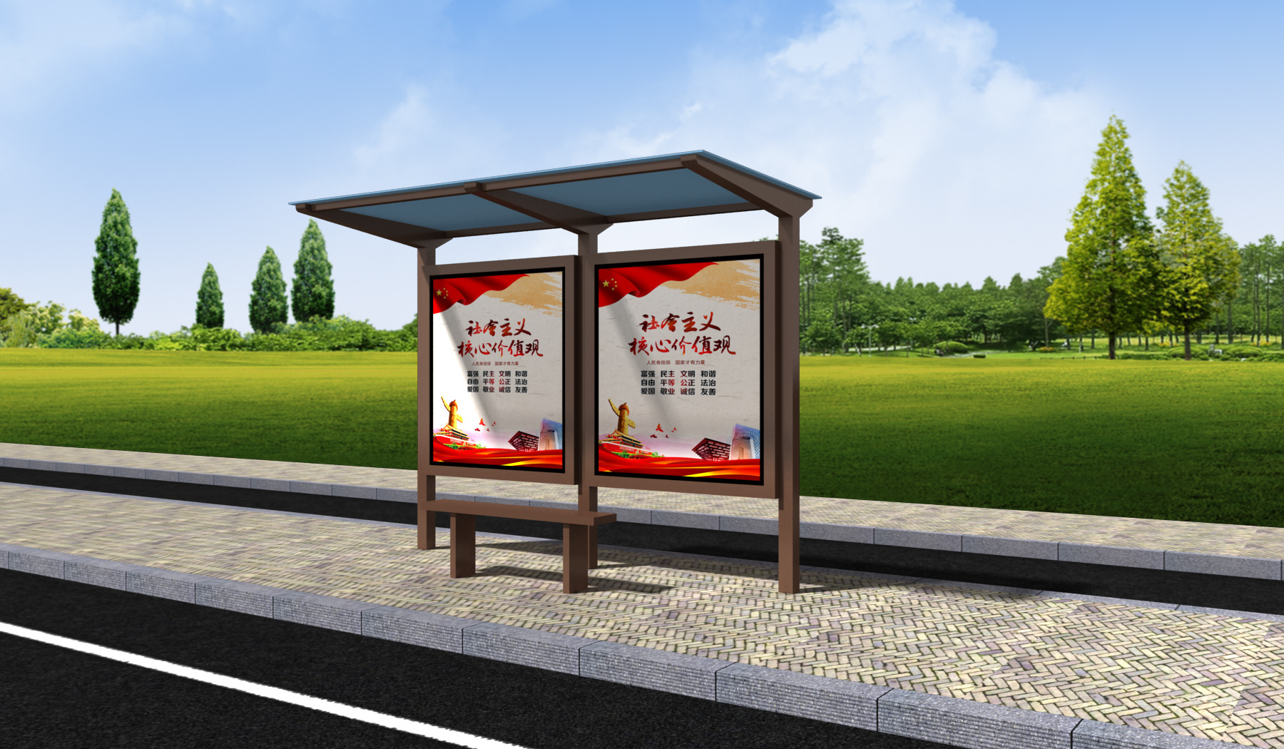 large bus stop shelter with double advertising box