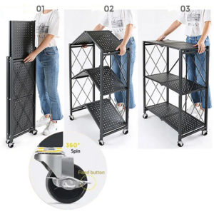 Floor Standing Household Stackable Folding Metal Storage Shelves Foldable 5 Tier Rack Kitchen Display Shelves With 4 Wheels