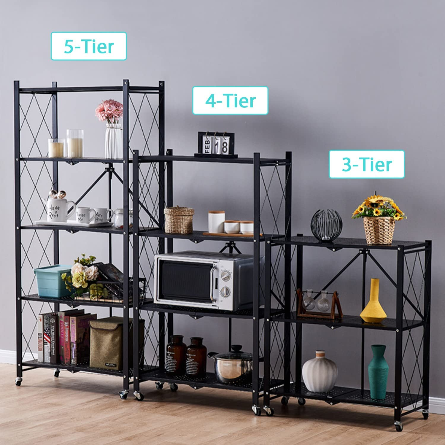 Floor Standing Household Stackable Folding Metal Storage Shelves Foldable 5 Tier Rack Kitchen Display Shelves With 4 Wheels