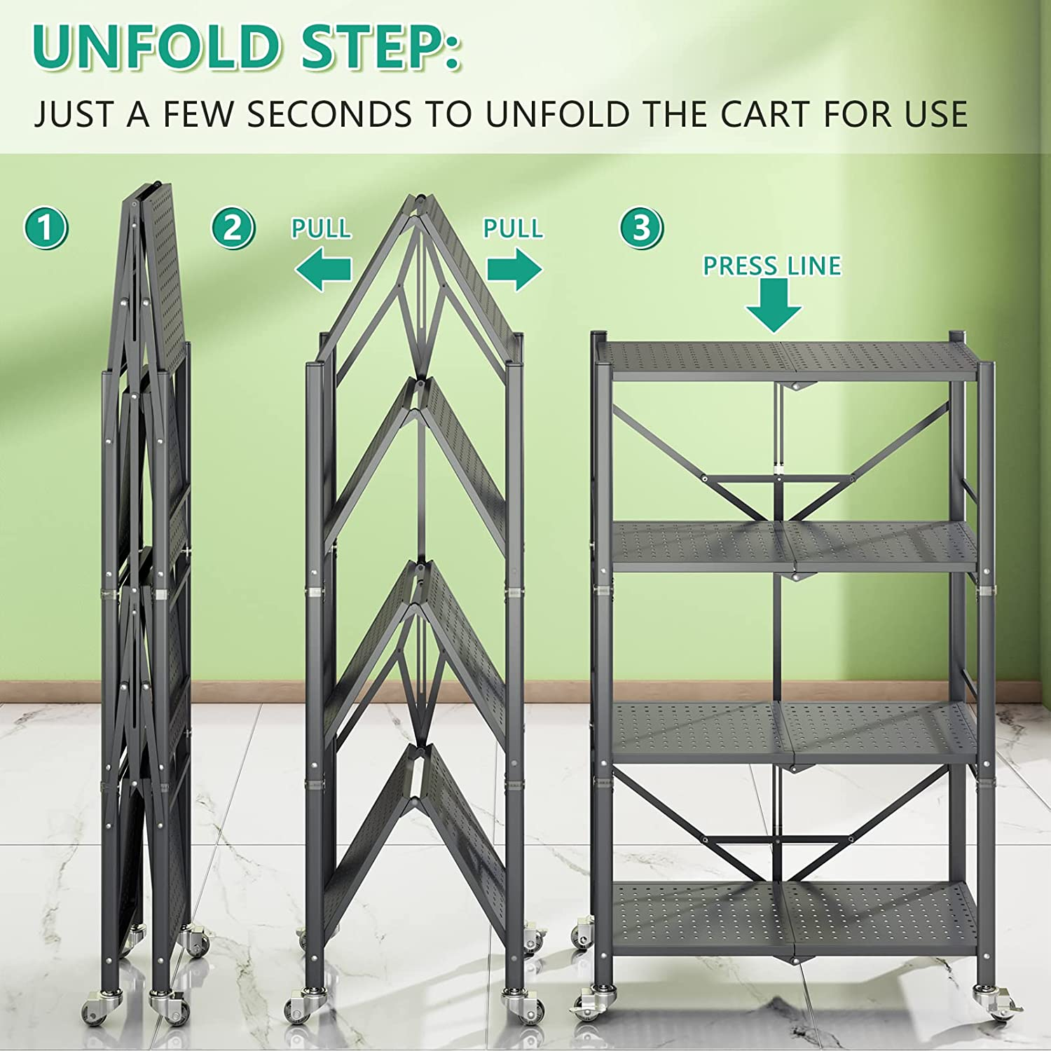 Floor Standing Household Stackable Folding Metal Storage Shelves Foldable 5 Tier Rack Kitchen Display Shelves With 4 Wheels