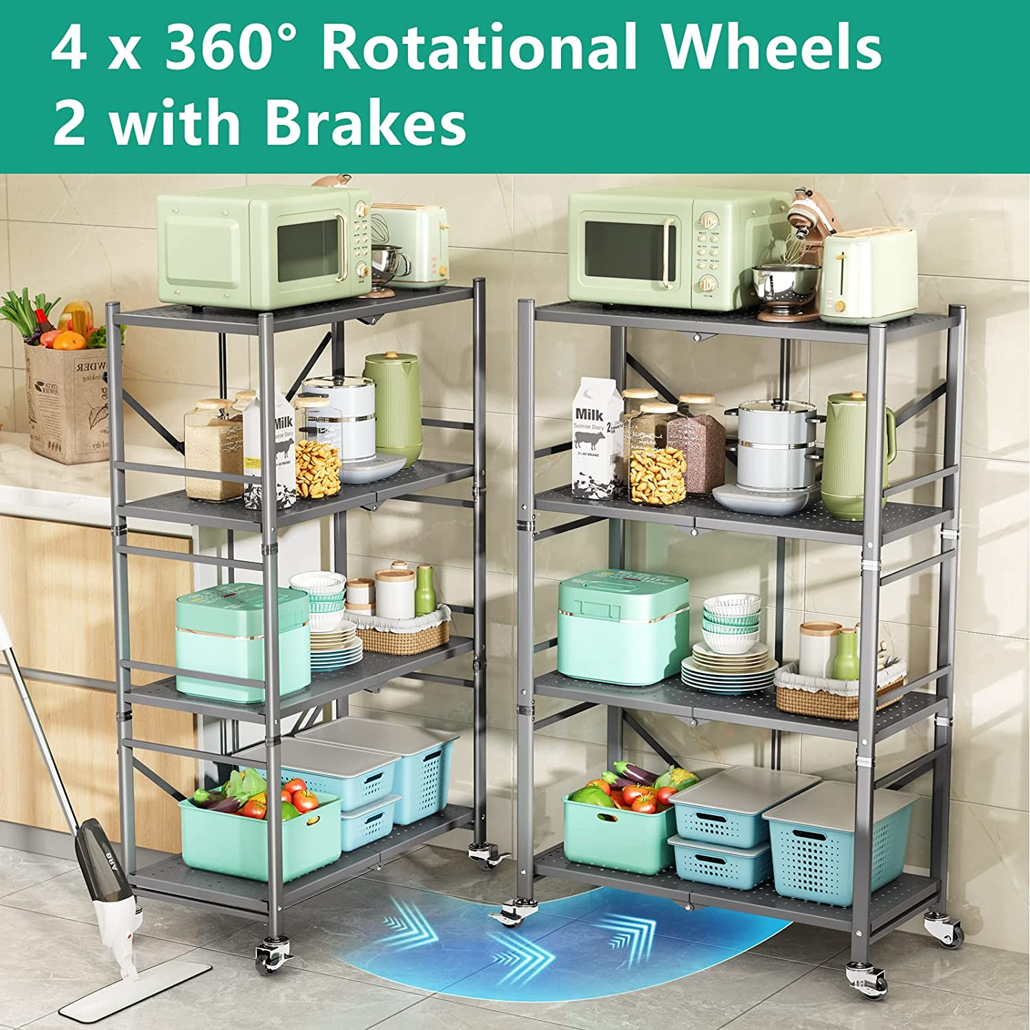 Floor Standing Household Stackable Folding Metal Storage Shelves Foldable 5 Tier Rack Kitchen Display Shelves With 4 Wheels