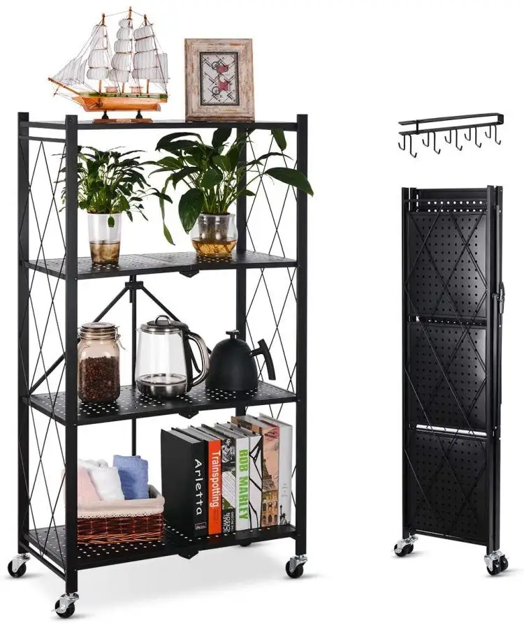 Folding Home Free Standing Stackable Shelf Foldable Storage Rack Mobile Organizer Kitchen Display Rack Shelf With Wheels