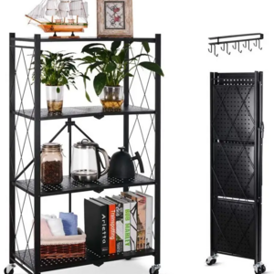 Folding Home Free Standing Stackable Shelf Foldable Storage Rack Mobile Organizer Kitchen Display Rack Shelf With Wheels