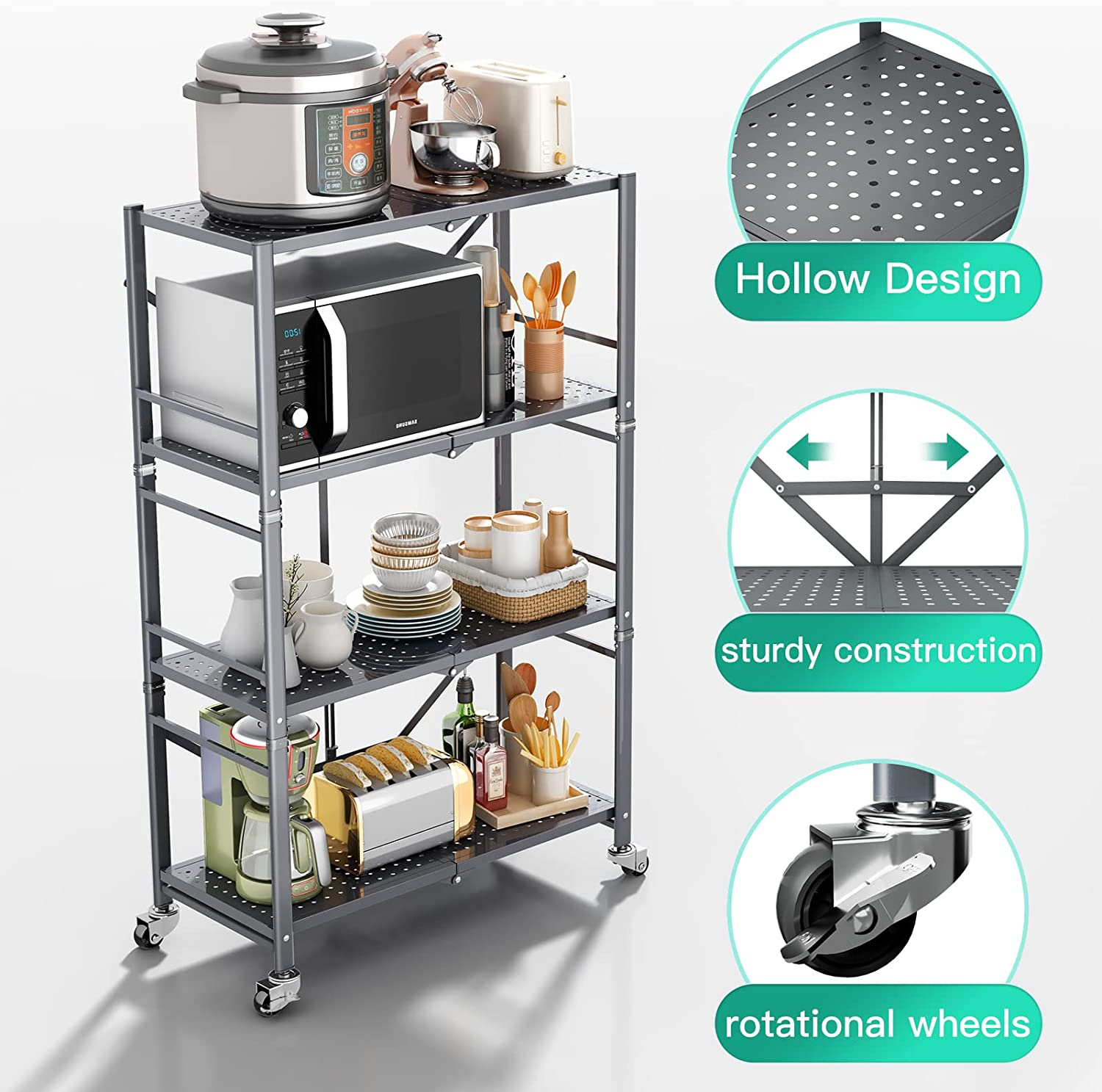 Folding Home Free Standing Stackable Shelf Foldable Storage Rack Mobile Organizer Kitchen Display Rack Shelf With Wheels