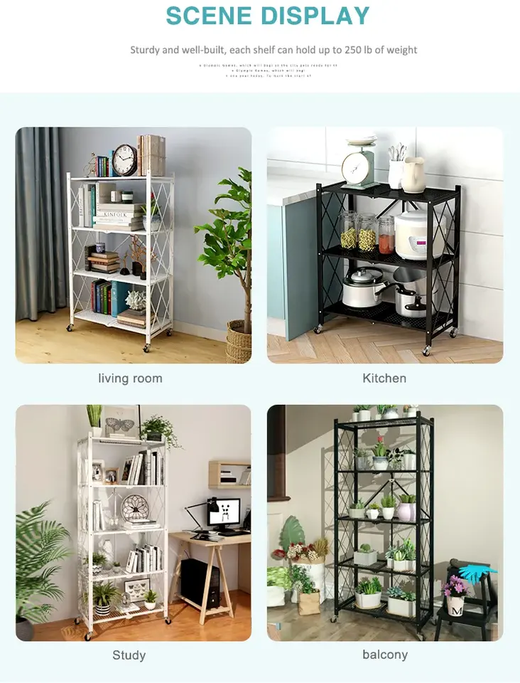 5-tier Foldable Kitchen Standing Shelving Unit Shelves Metal Storage display racks Folding Pantry Rack with Wheels