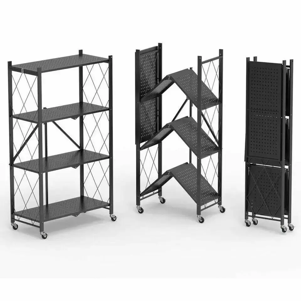 5-tier Foldable Kitchen Standing Shelving Unit Shelves Metal Storage display racks Folding Pantry Rack with Wheels