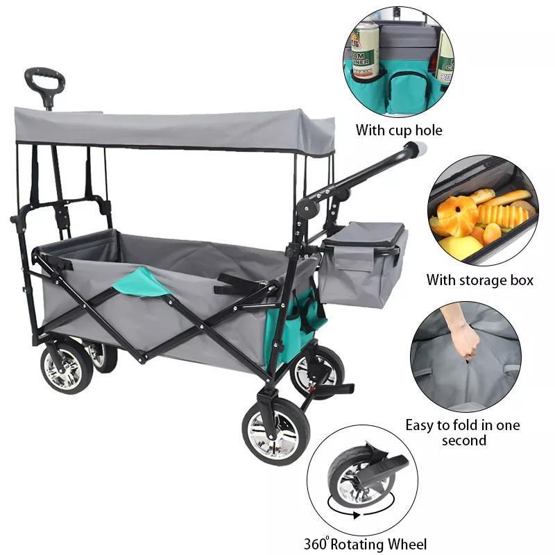 Collapsible Utility Folding Outdoor Camping Trolley Garden Beach Wagon Cart With Canopy 4 Wheels