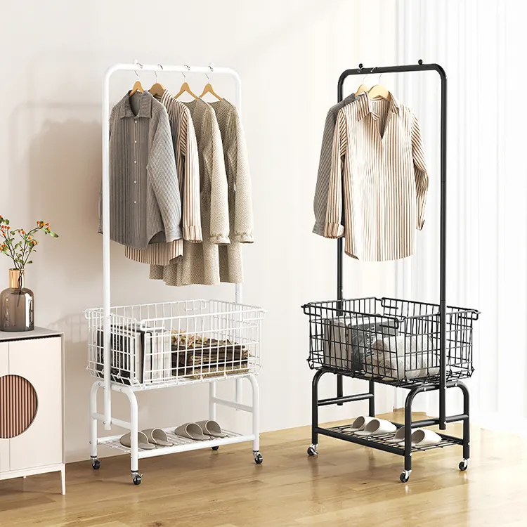 Double coat rack bedroom storage rack floor-to-ceiling mobile simple clothes drying rack to hang clothes