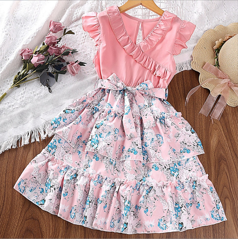 Summer New Arrival Clothes for Kids Casual Sweet Floral Princess Dress with Lace Collar Girls Dresses 2-12 Children Clothing