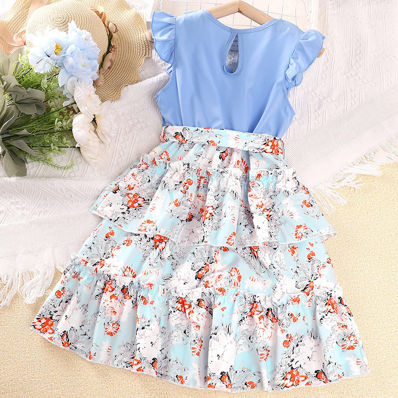 Summer New Arrival Clothes for Kids Casual Sweet Floral Princess Dress with Lace Collar Girls Dresses 2-12 Children Clothing