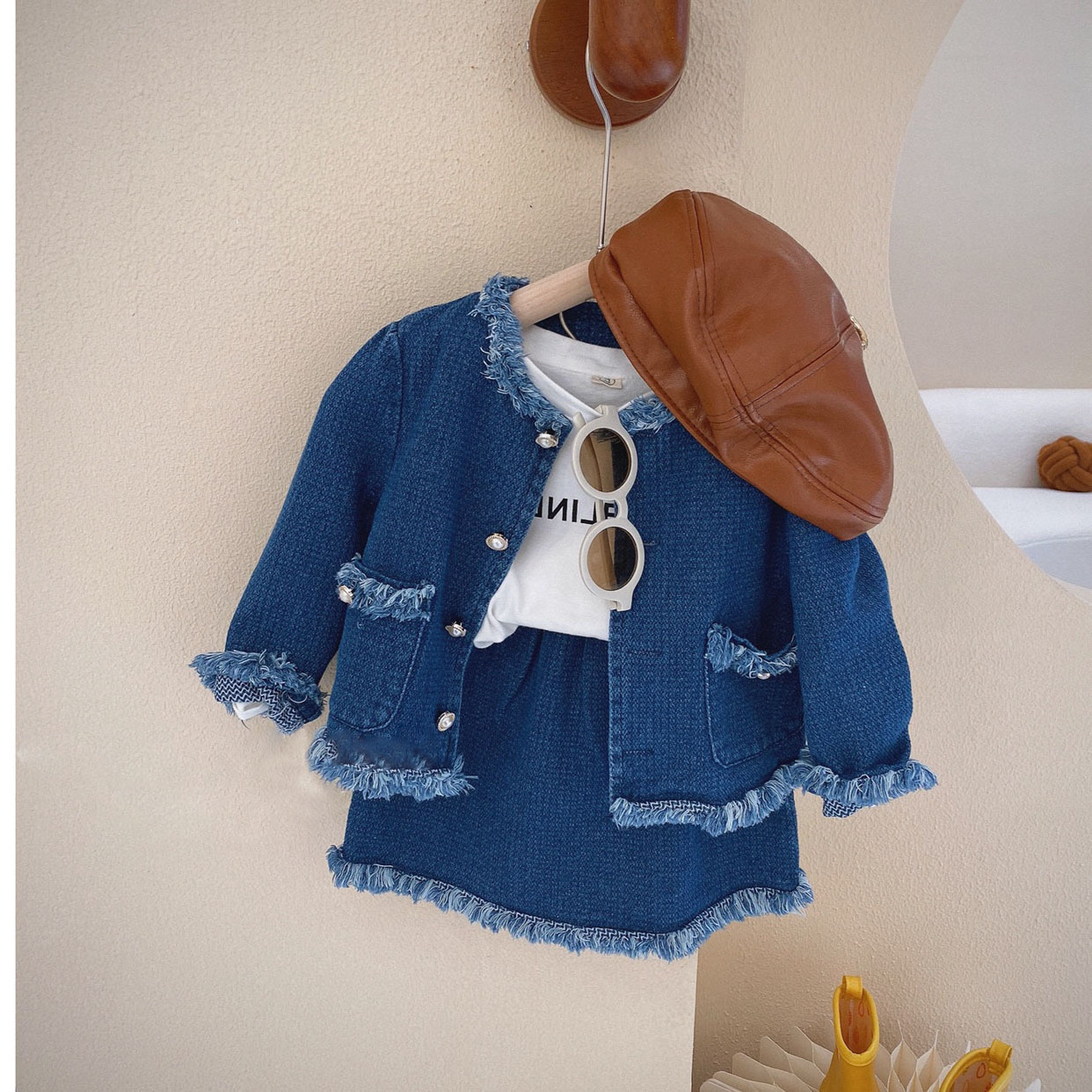 Girl's Korean girl denim clothes suit 2023 spring clothes new baby foreign denim jacket with skirt two-piece suit