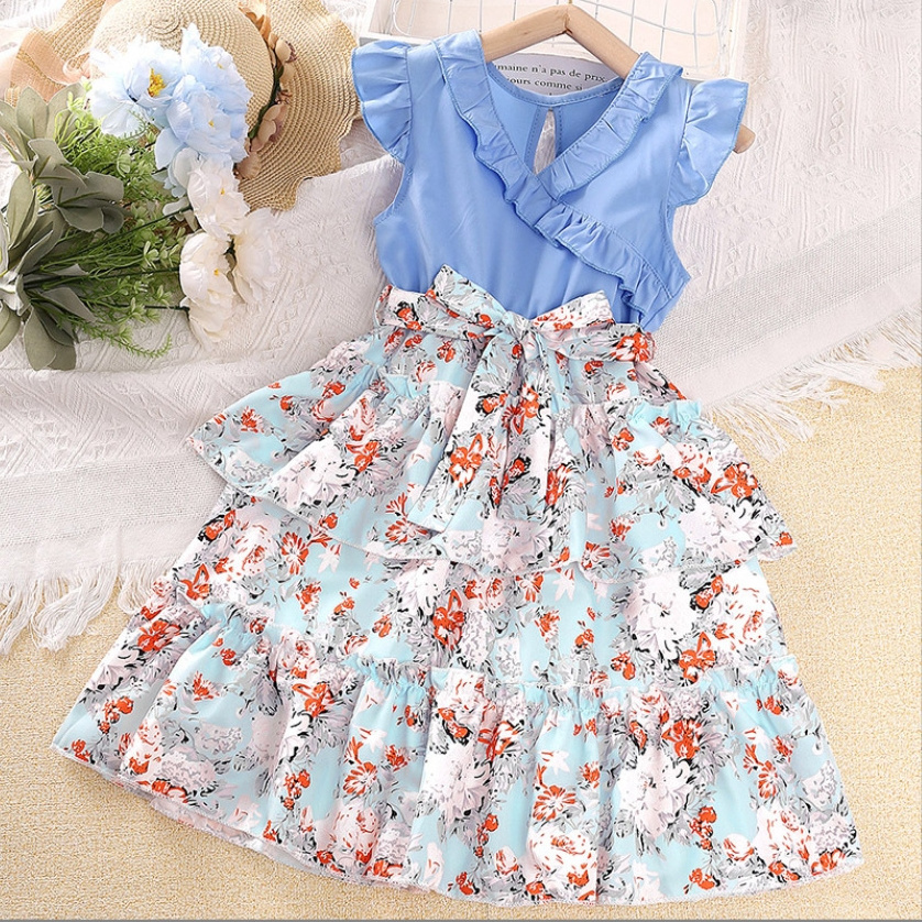 Summer New Arrival Clothes for Kids Casual Sweet Floral Princess Dress with Lace Collar Girls Dresses 2-12 Children Clothing