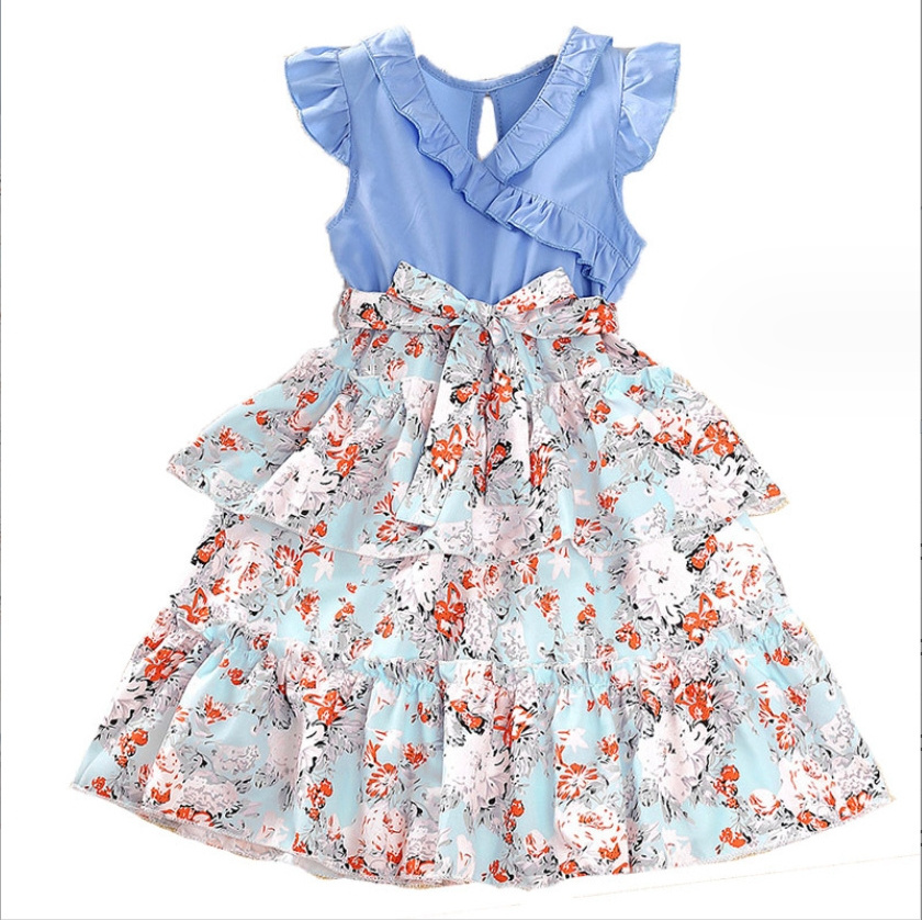 Summer New Arrival Clothes for Kids Casual Sweet Floral Princess Dress with Lace Collar Girls Dresses 2-12 Children Clothing