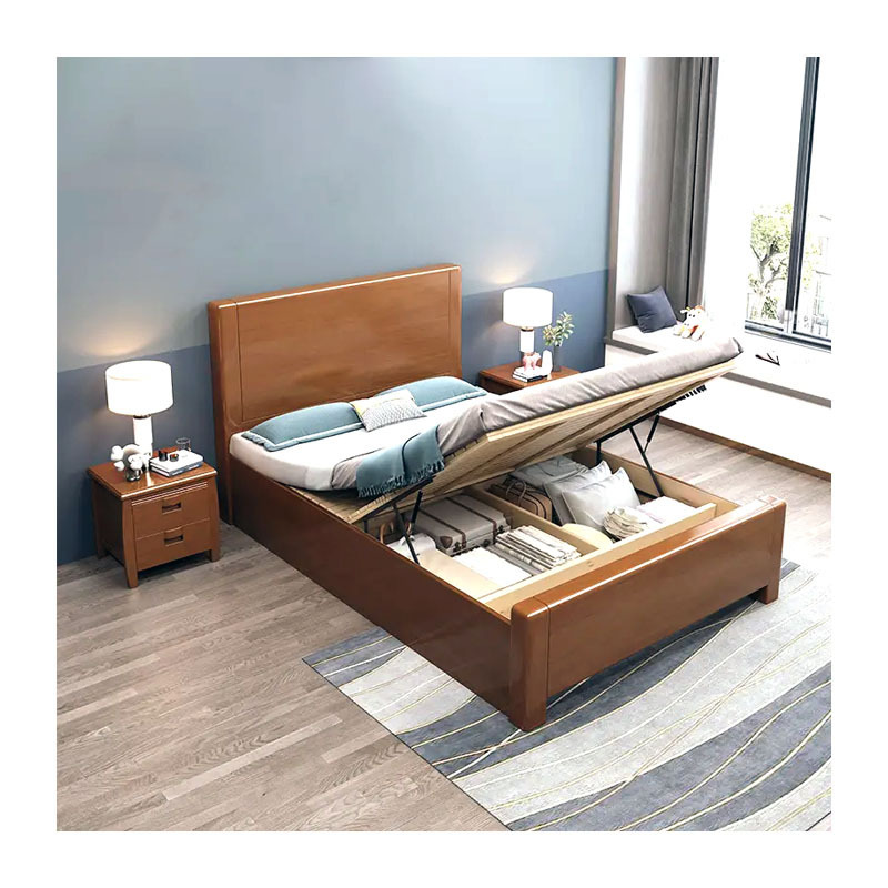 Chinese style full size oak wooden storage beds frame solid wood platform bed with drawers for home