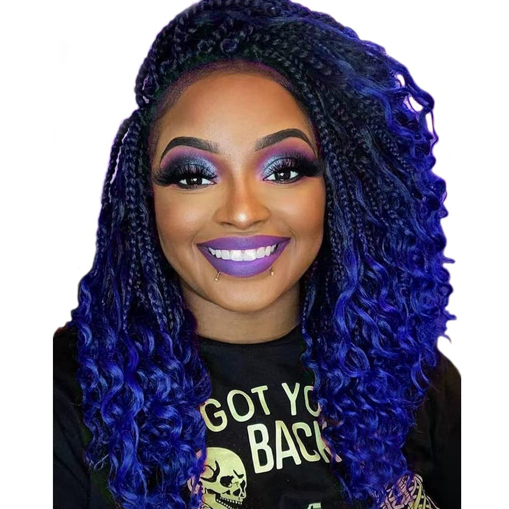 premium synthetic crochet hair box braids Blue crochet twist braids box braids crochet hair with curly end 14 20 inch