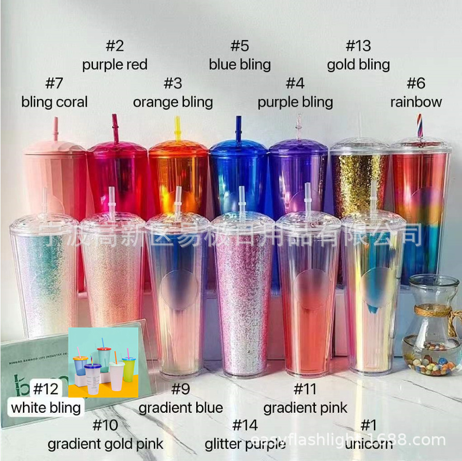 New 24oz double wall plastic cups drinking cups cold diamond stud rainbow tumbler with lids and straw