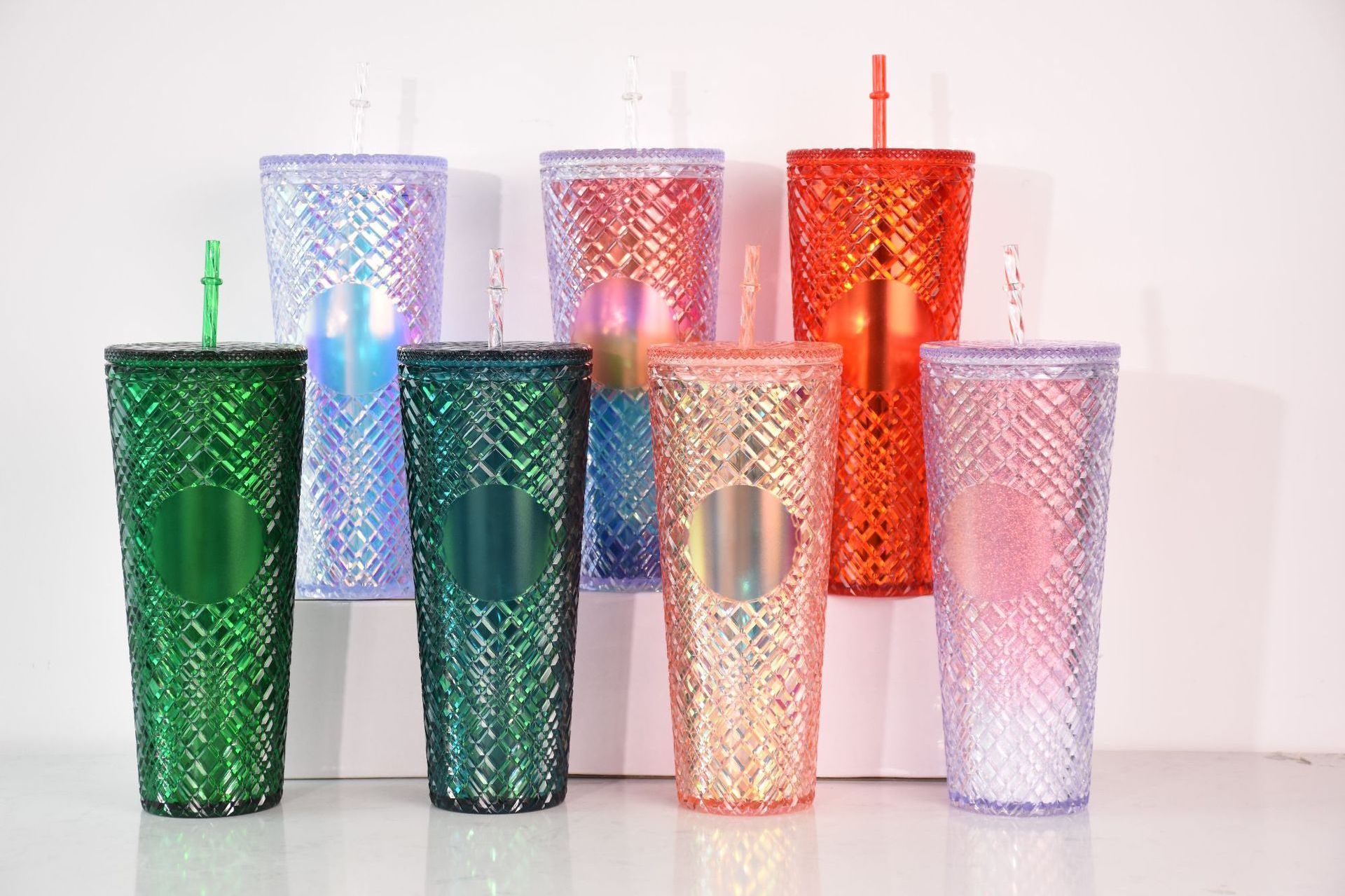 New 24oz double wall plastic cups drinking cups cold diamond stud rainbow tumbler with lids and straw