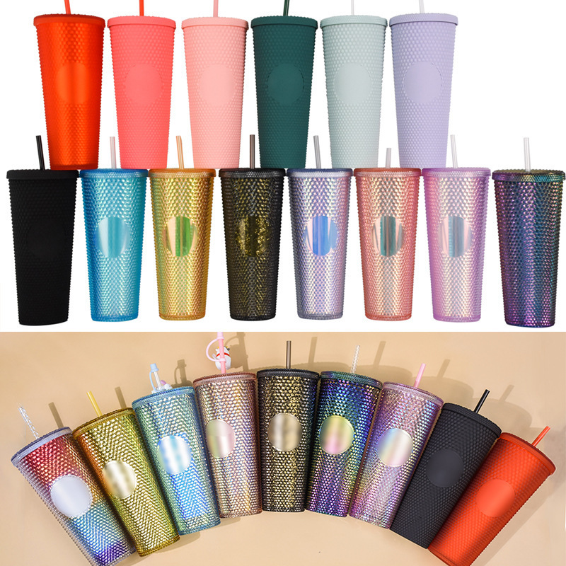 New 24oz double wall plastic cups drinking cups cold diamond stud rainbow tumbler with lids and straw