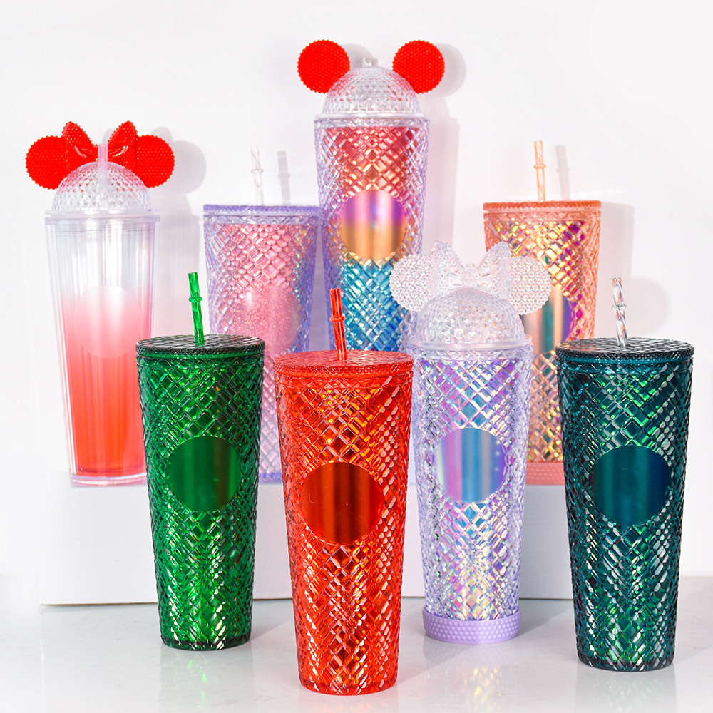 New 24oz double wall plastic cups drinking cups cold diamond stud rainbow tumbler with lids and straw