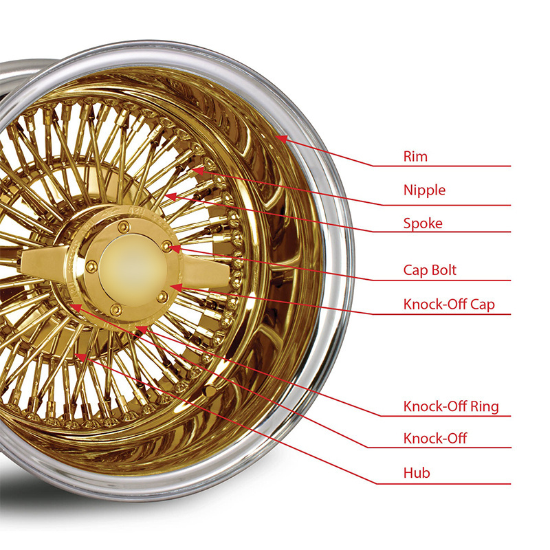 Spoke Wire Wheels 13 14 15 Inch 5 Lugs Steel Wire Wheels 13x7 14x7 15x7 Reverse Cross Lace 72 Spokes All Gold Chrome Wire Rims