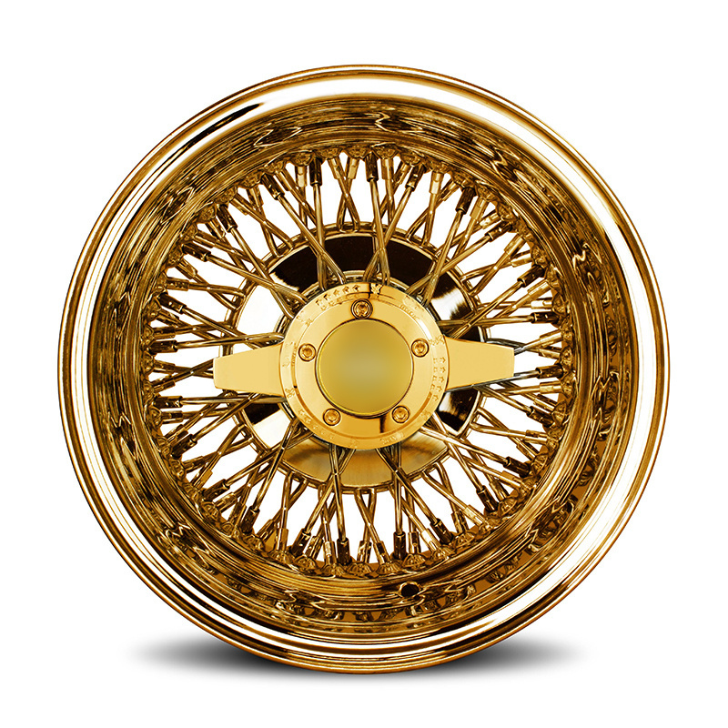 Spoke Wire Wheels 13 14 15 Inch 5 Lugs Steel Wire Wheels 13x7 14x7 15x7 Reverse Cross Lace 72 Spokes All Gold Chrome Wire Rims