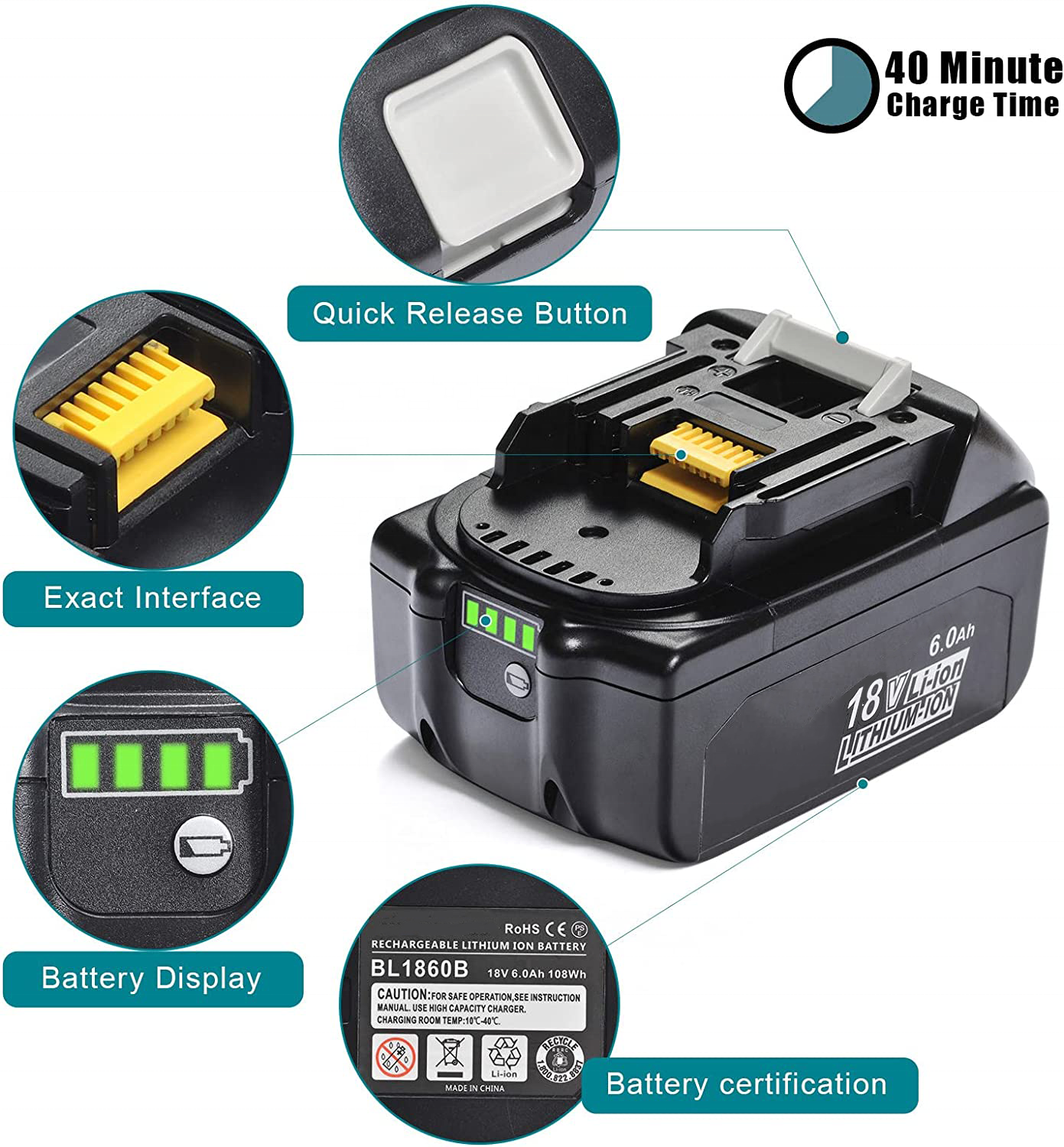 BL1860B Replacement battery Suitable for makita battery 18V 6.0ah tools battery