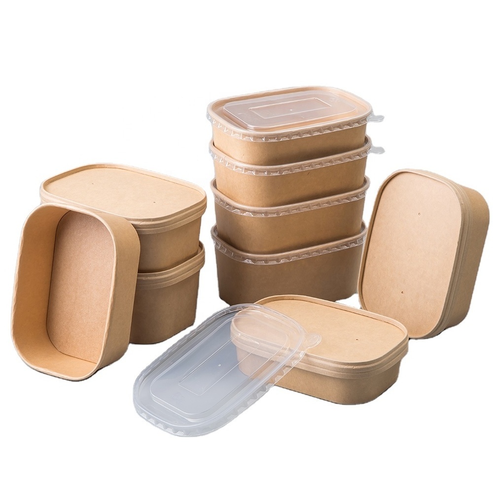 High Quality Kraft Paper Plates Salad Bowls 1000ml Rectangular Fast Food PP Kraft Salad Bowl With PET/Paper Lid