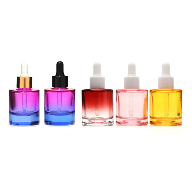 New thick bottom 15ml 30ml 50ml skin care essence flat shoulder glass  bottles cylindrical  gradient color essential oil dropper