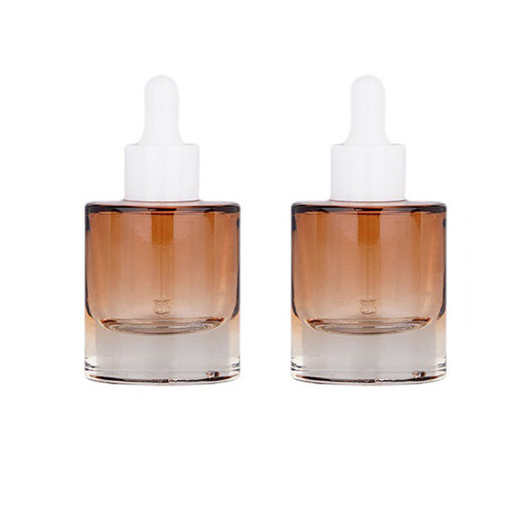 New thick bottom 15ml 30ml 50ml skin care essence flat shoulder glass  bottles cylindrical  gradient color essential oil dropper