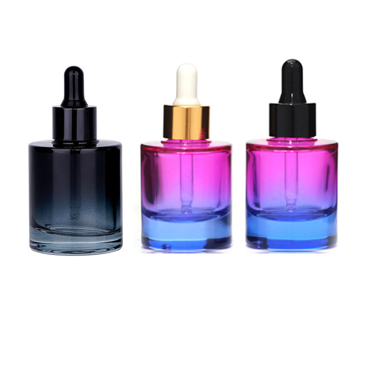 New thick bottom 15ml 30ml 50ml skin care essence flat shoulder glass  bottles cylindrical  gradient color essential oil dropper