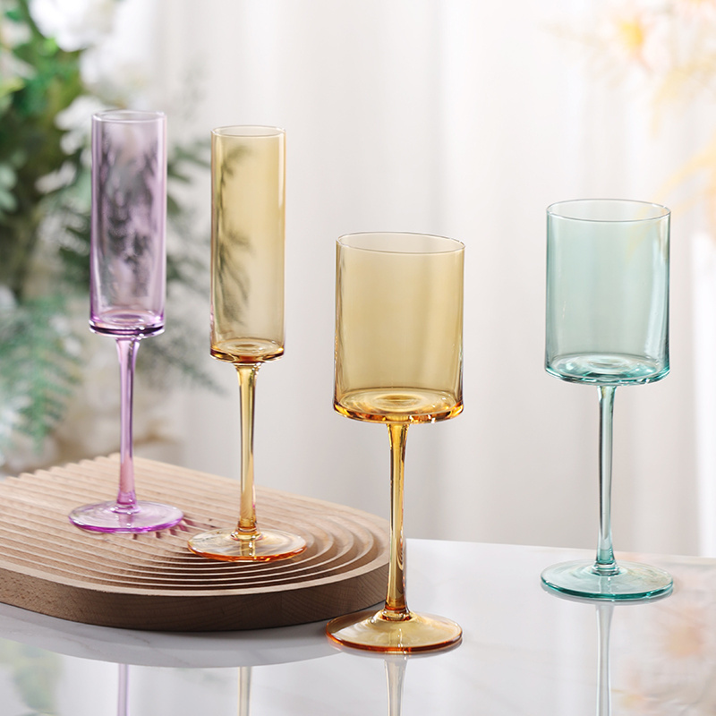 purple amber blue green flat bottom elegant tableware champagne flute mouth blown colored stemware crystal wine glass goblet