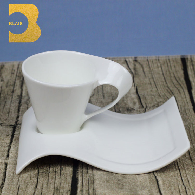 cafe dinnerware white bone china ceramic wave design coffee cup and saucer