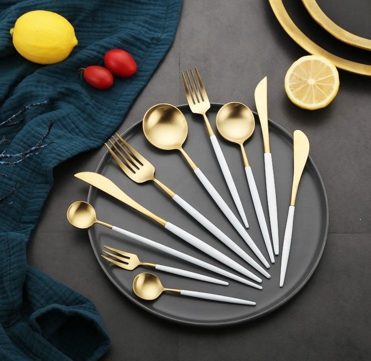 portuguese 18 8 flatware home tableware golden matte white and gold stainless steel cutlery