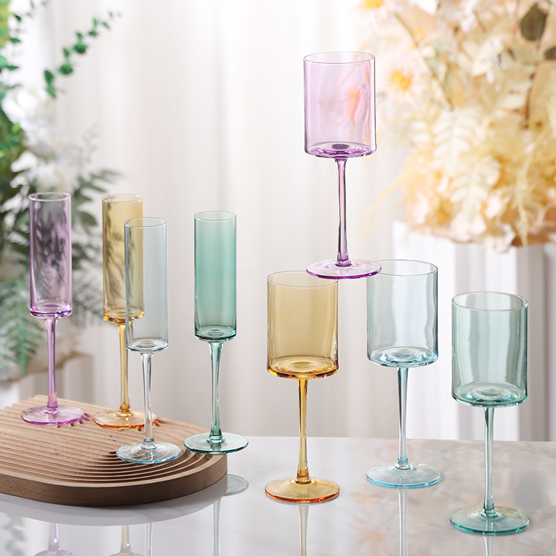 purple amber blue green flat bottom elegant tableware champagne flute mouth blown colored stemware crystal wine glass goblet