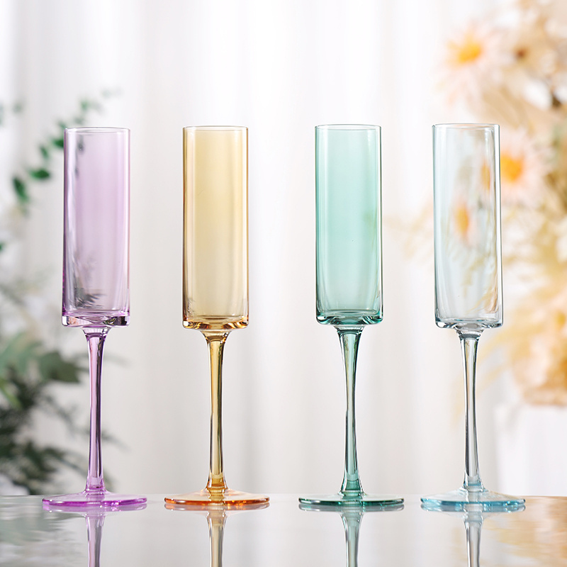 purple amber blue green flat bottom elegant tableware champagne flute mouth blown colored stemware crystal wine glass goblet