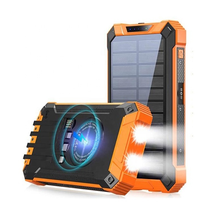 Power Bank Hiking 20000Mah Generator Portable Battery Pack with Solar Panel Wireless Charger with LED Flashlight Built in Cable