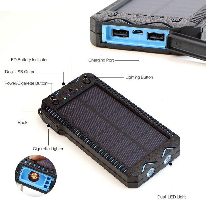 Outdoor Electronic Cigarette Lighter Dual LED Lights Solar Charging 10000mAh Portable Solar Power Bank