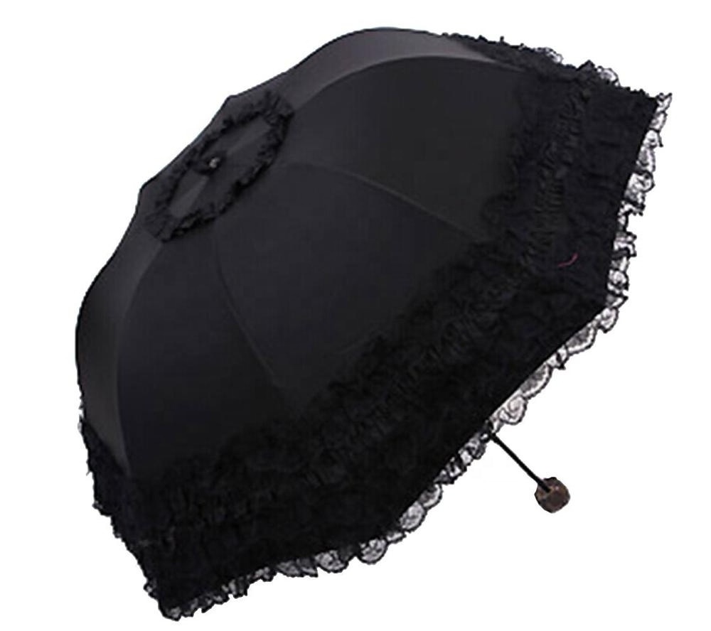 Pink Fashionable Women Advertising Manual Open Lace Parasol 3 Fold Umbrella