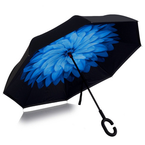 Manufactures in Xiamen of Wholesale Flower Pattern Inverted Umbrella Double Layers Reverse Umbrella with Small MOQ