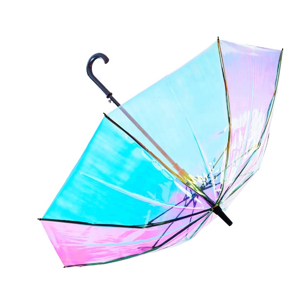 2020 Fashional Ins  Poe Material Clear Plastic Fashion Umbrella Women  Iridescent Holographic Umbrella