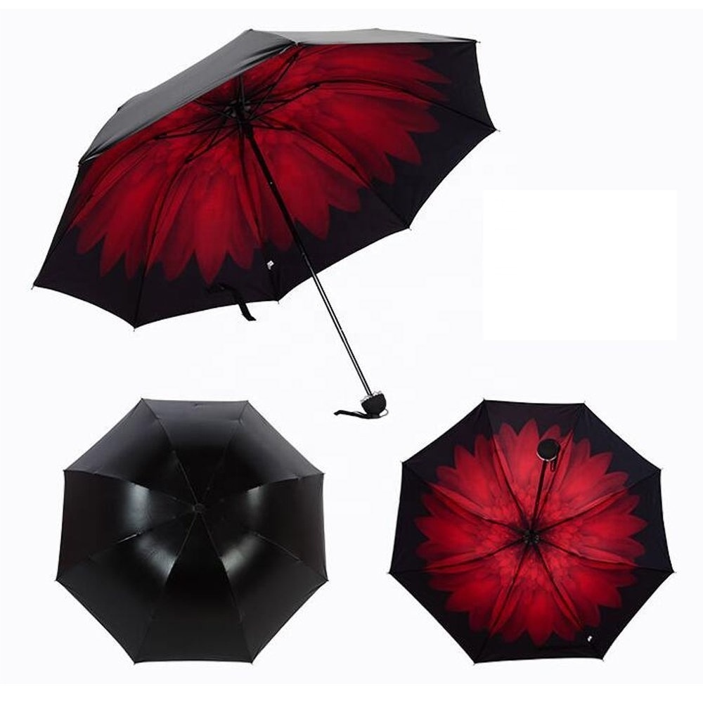 Black Outside and Red Inside Color Umbrella Anti UV Sun Three Fold Umbrella Advertising